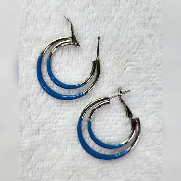 None Jewelry - Periwinkle Blue and Silver Hoop Earrings / Pierced
